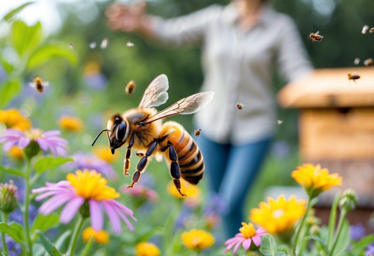 A honeybee flying near colorful flowers with a person waving their arms in the background.