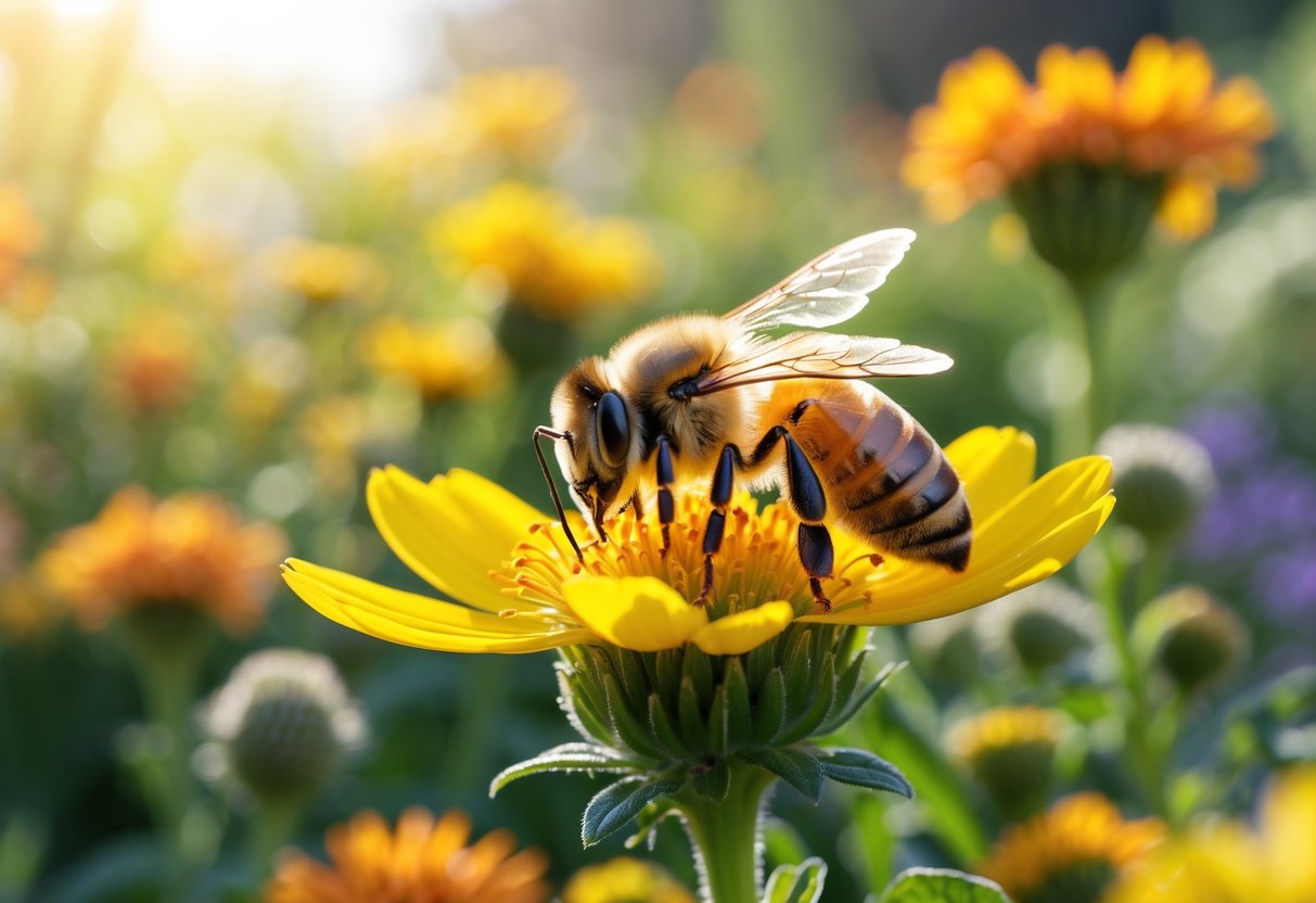 A honeybee collecting nectar from a bright yellow flower in a colorful garden.