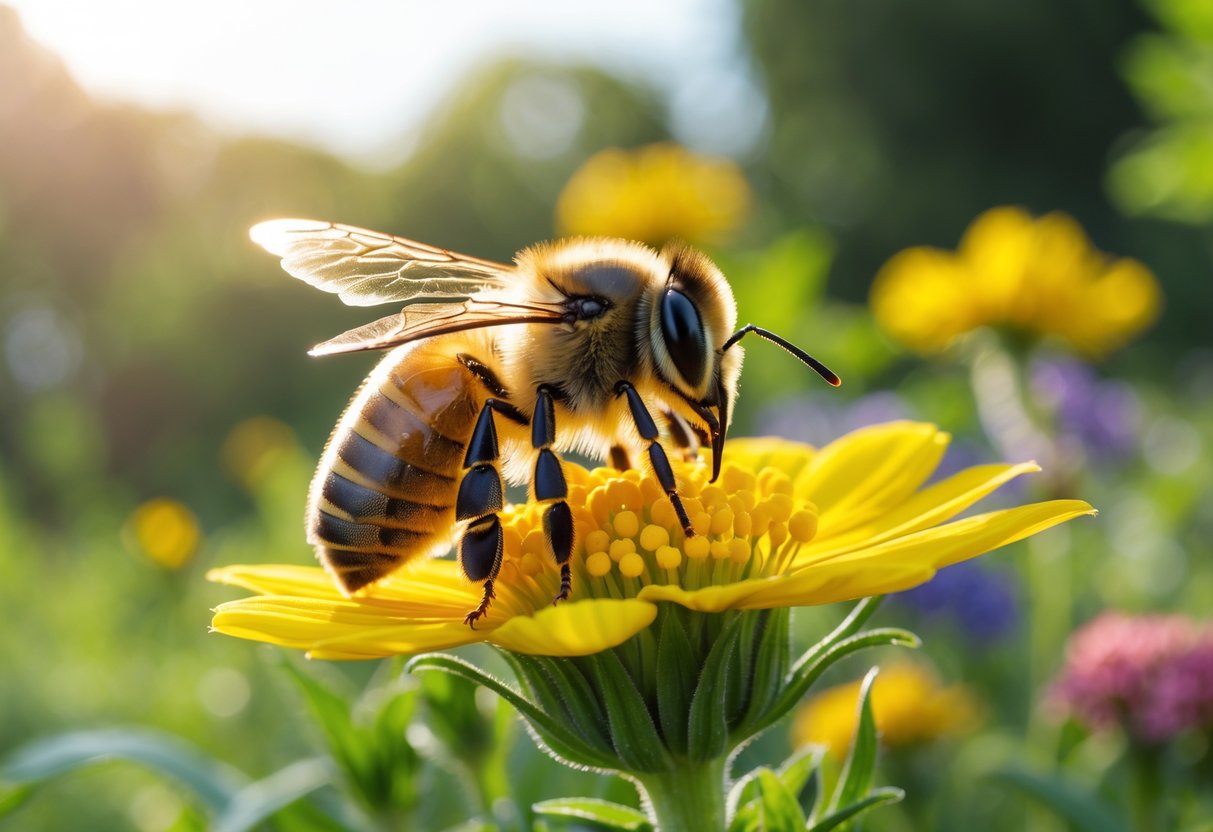 A honeybee on a yellow flower in a garden with green foliage and colorful flowers in the background.