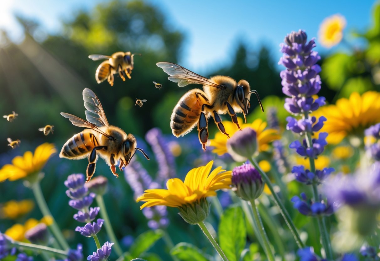 Close-up of honeybees pollinating colorful flowers in a green garden under a clear blue sky.