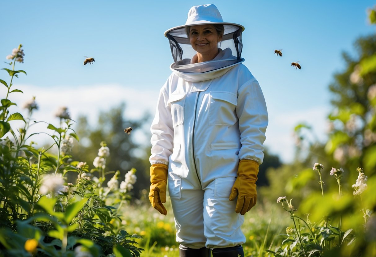 Person wearing full protective beekeeping clothing standing outdoors near flowering plants with bees flying nearby.