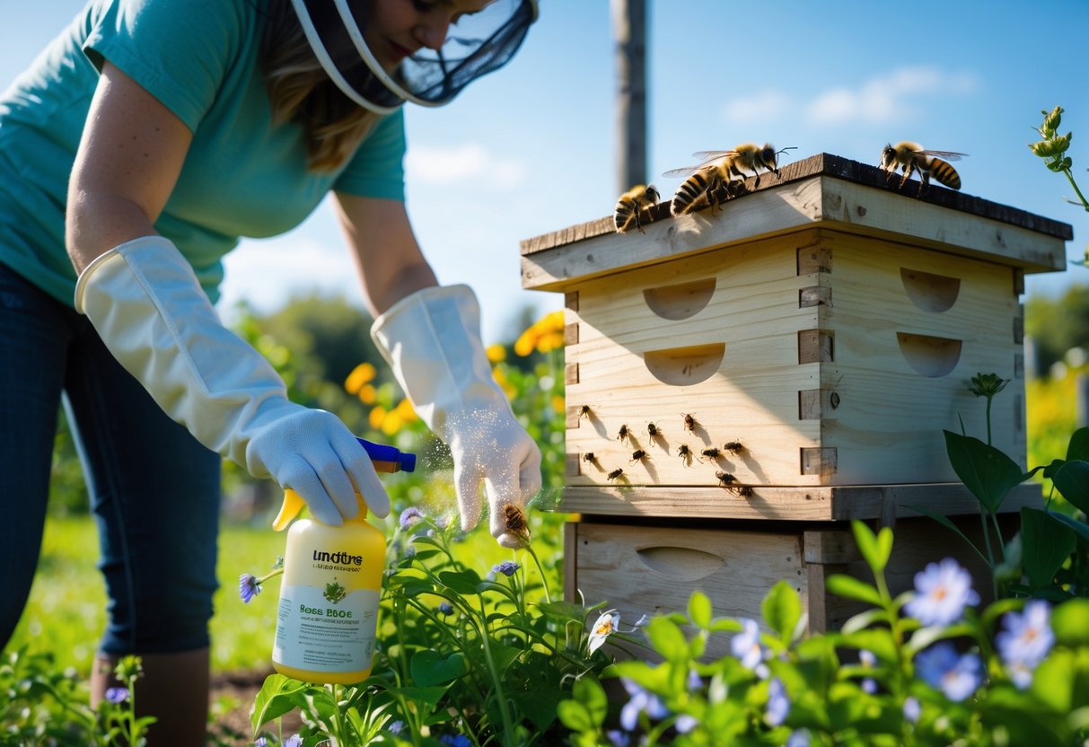 Person wearing gloves spraying natural repellent near a wooden beehive in a garden.