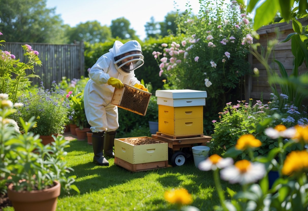 Person in protective beekeeping gear carefully relocating a beehive outdoors surrounded by flowering plants.