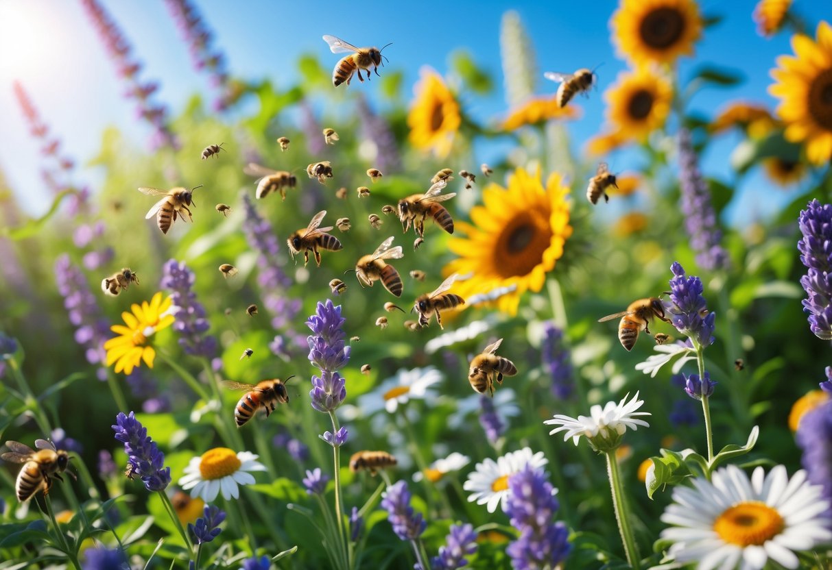 A garden with colorful flowers and many bees flying and pollinating them.