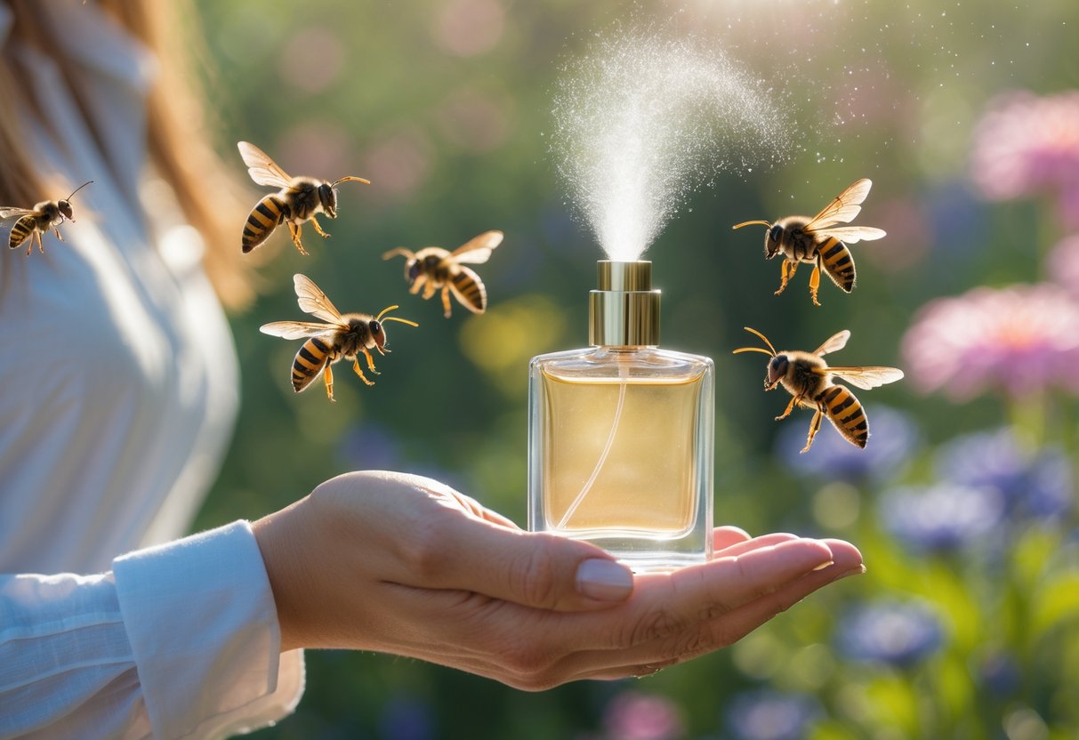 A close-up of a hand spraying perfume with bees and wasps hovering nearby in a garden with flowers.