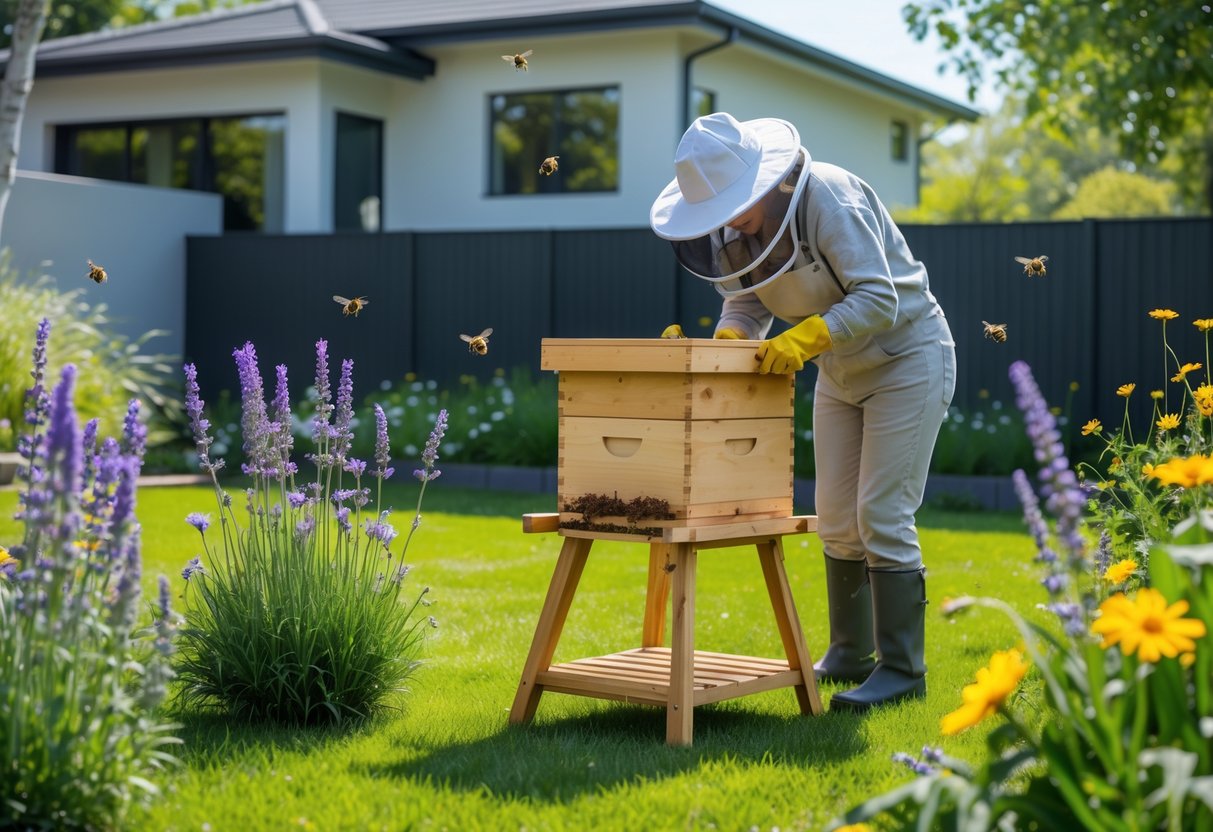 A person wearing a beekeeping hat tending to a wooden beehive in a backyard garden with flowers and a house in the background.