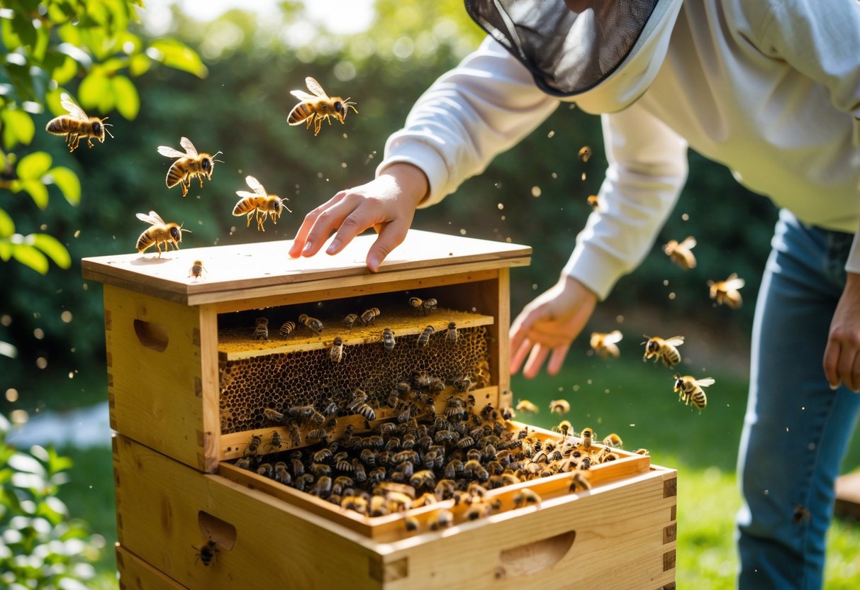 A person reaching toward a bee hive without protective gear while bees swarm around them outdoors.