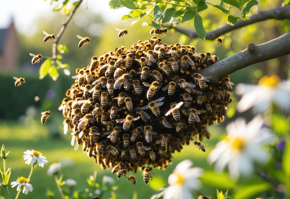A large swarm of honeybees clustered on a tree branch in a green garden with flowers and leaves.