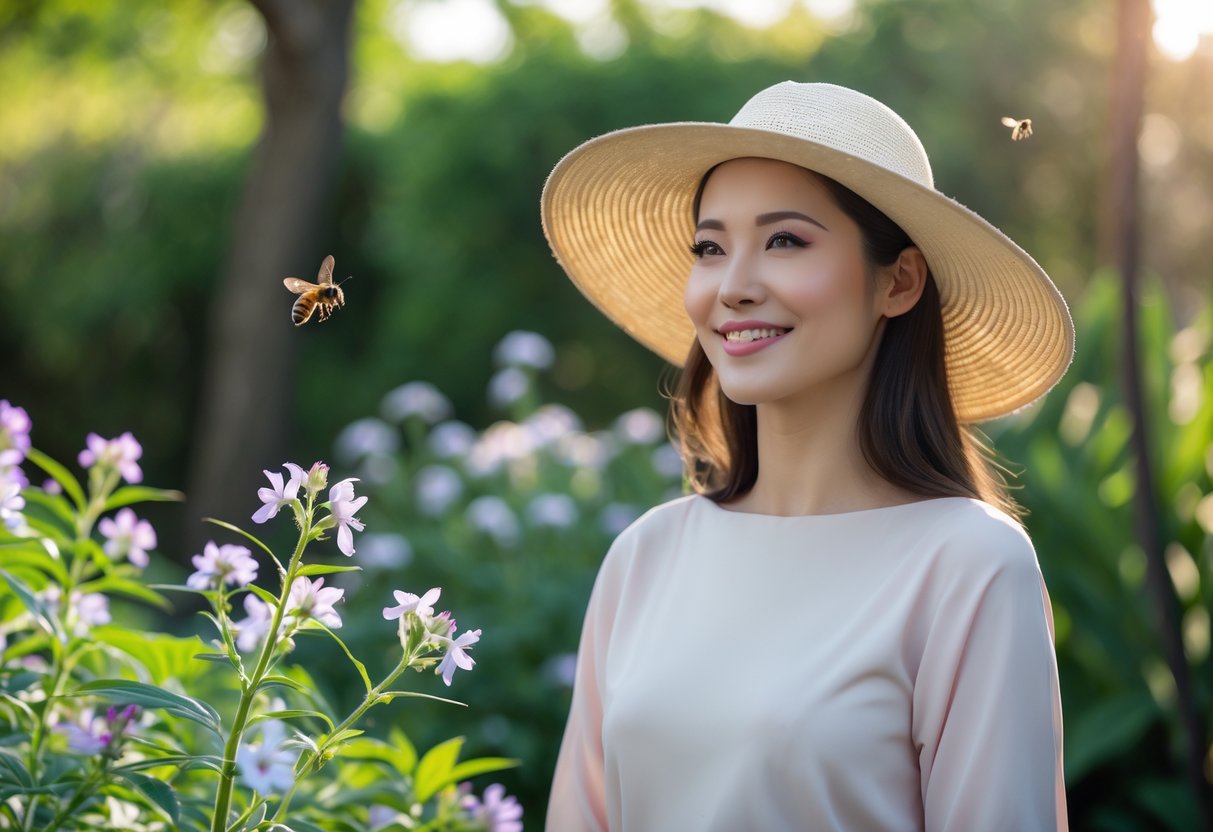 A woman wearing a hat stands calmly near flowers while a bee hovers nearby in a sunny garden.