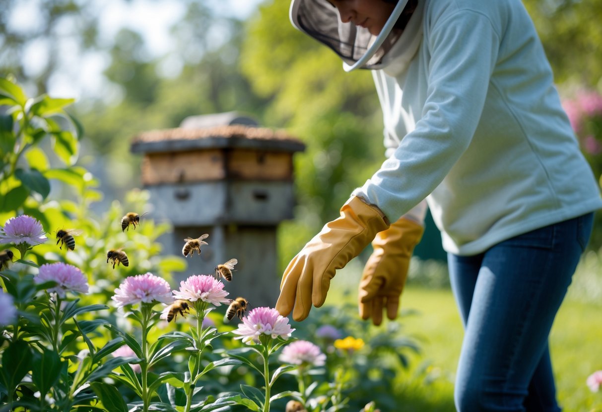 Person wearing protective clothing carefully approaching flowers with bees nearby in a garden setting.