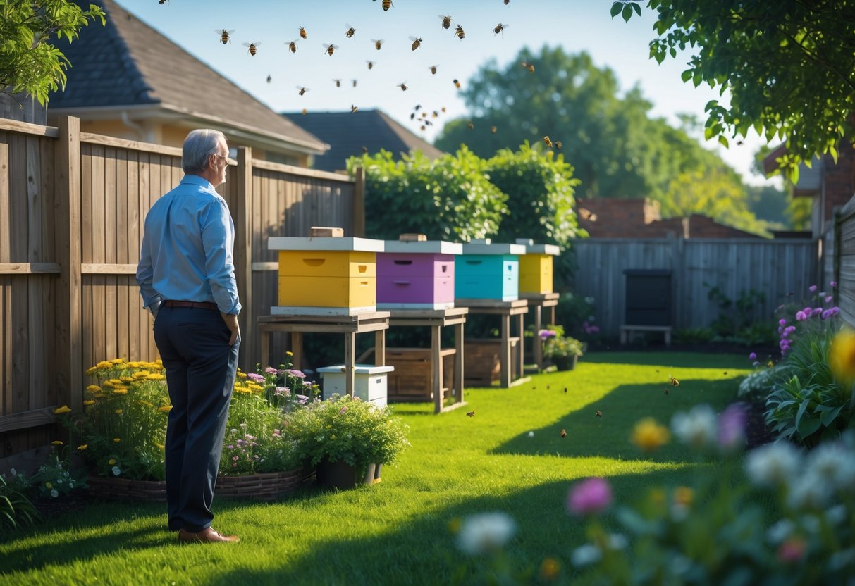 A person looking over a fence at a neighbor's backyard with colorful beehives and bees flying around.