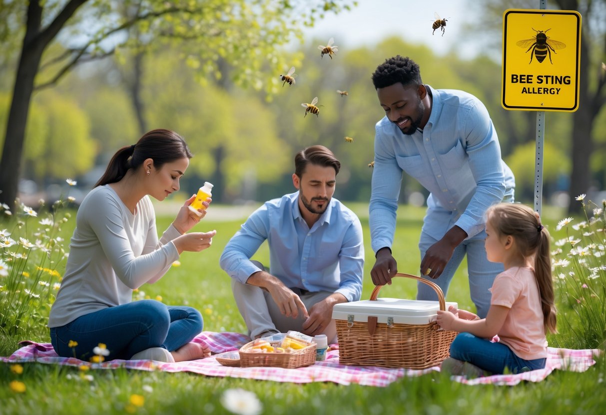 People outdoors in a park taking precautions to avoid bee stings, including applying insect repellent, wearing protective clothing, and having a first aid kit nearby.
