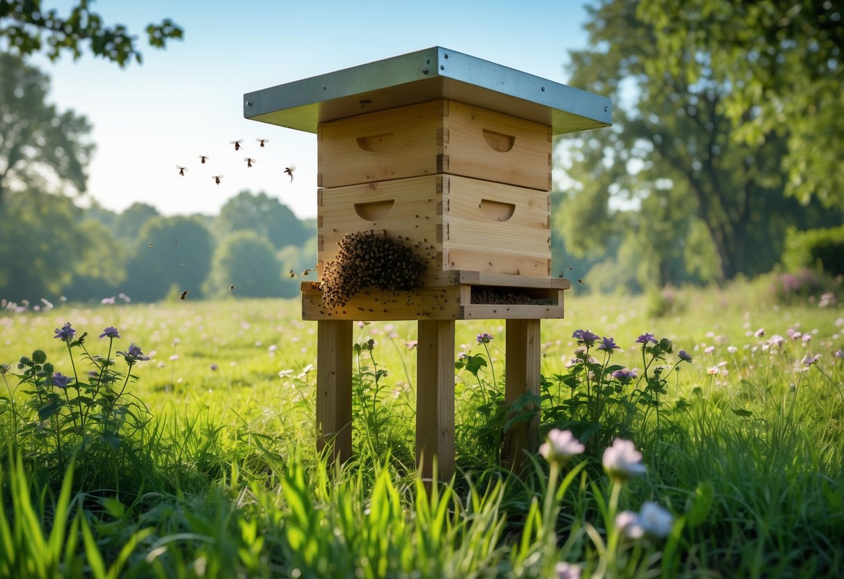 A wooden beehive raised about three feet above the ground surrounded by flowering plants and bees in a green meadow.