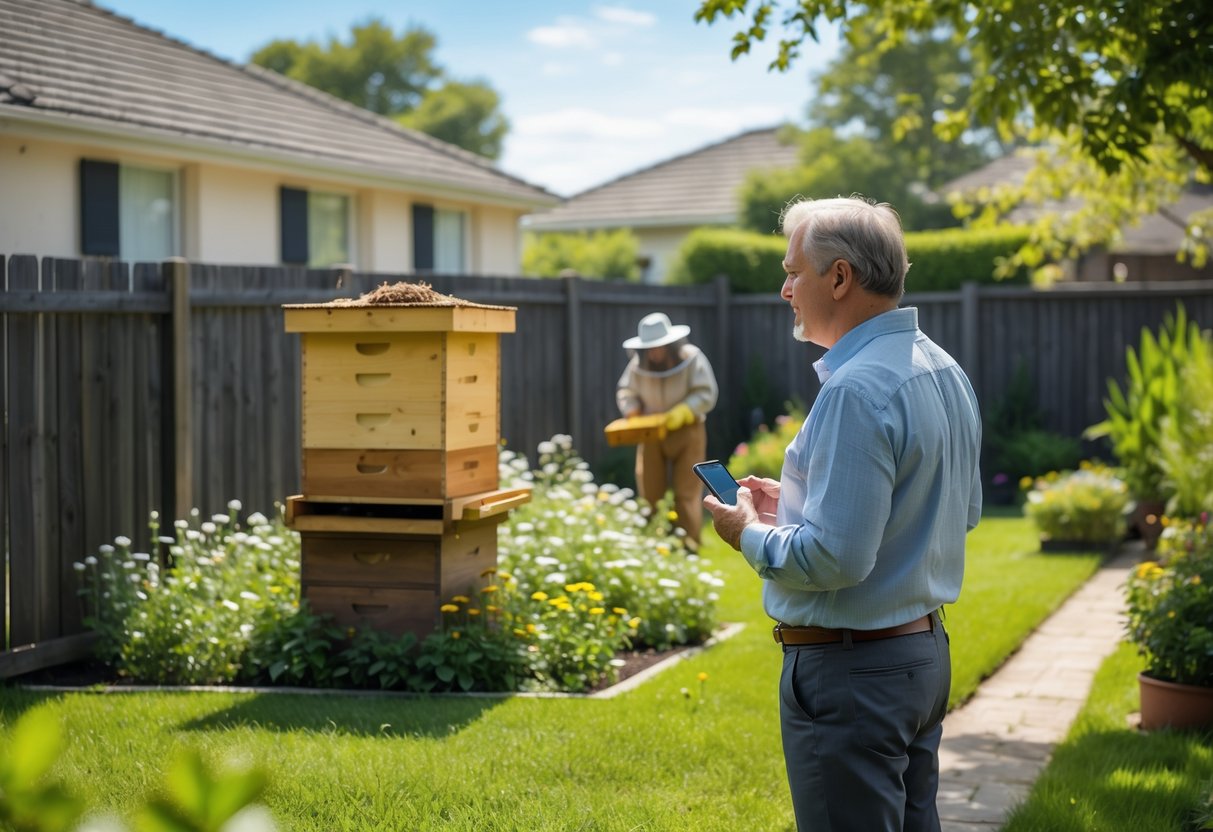 A person in a garden looking at a neighbor tending to a beehive across a wooden fence on a sunny day.