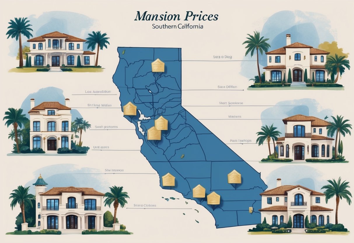 A map of southern california showing different cities with mansion icons indicating varying mansion prices, surrounded by illustrations of luxury homes representing different architectural styles.