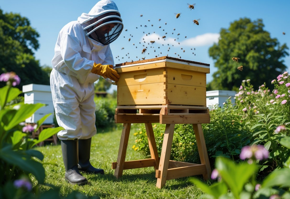 A beekeeper in protective gear inspecting a beehive elevated on wooden stands about two to three feet above the ground in a green garden with bees flying around.
