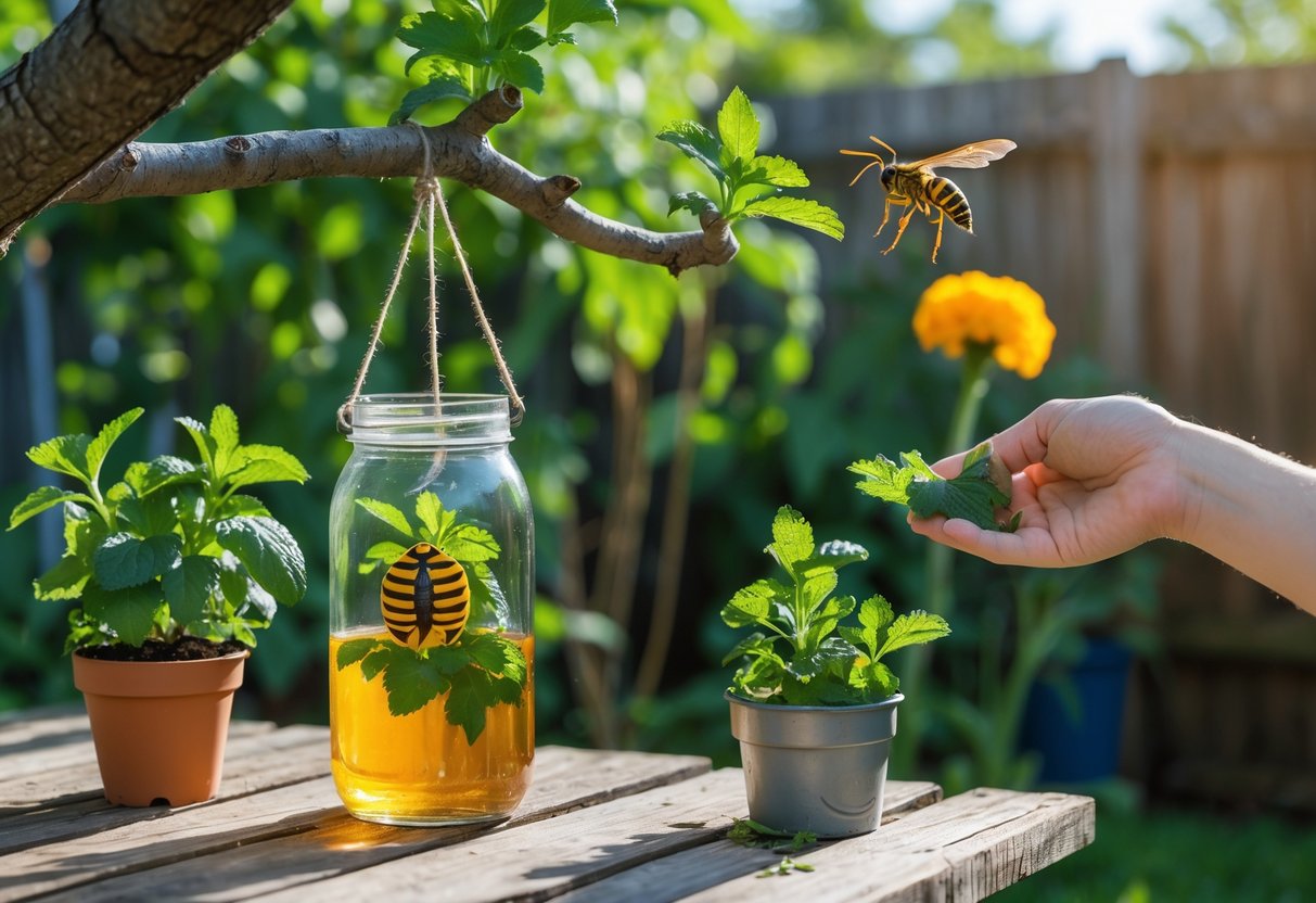 Outdoor garden scene with a homemade wasp trap hanging from a tree, potted mint and citronella plants on a picnic table, and a wasp flying near a marigold flower.