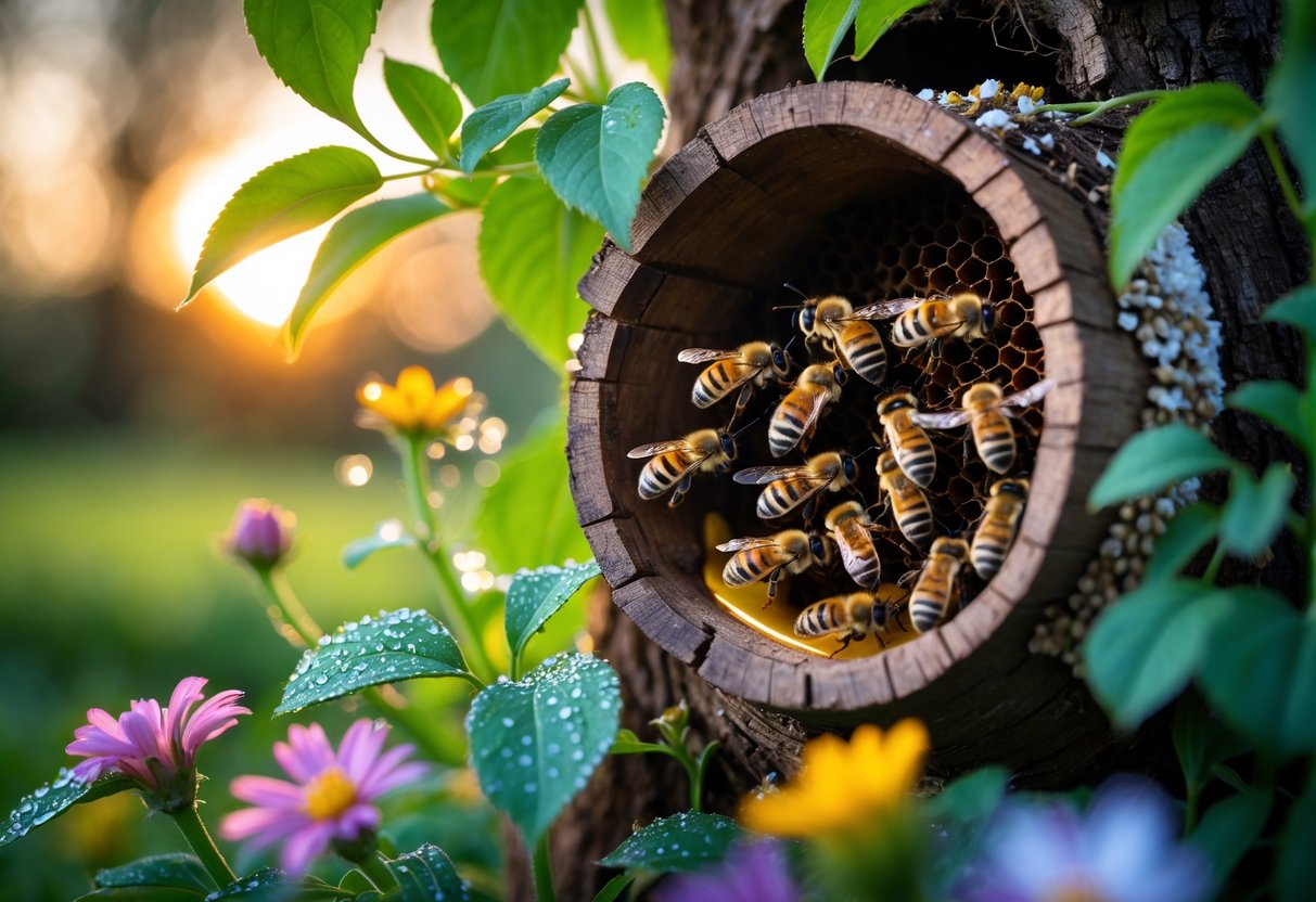 Close-up of bees resting inside a natural hive in a tree trunk at dusk in a garden surrounded by flowers and leaves.