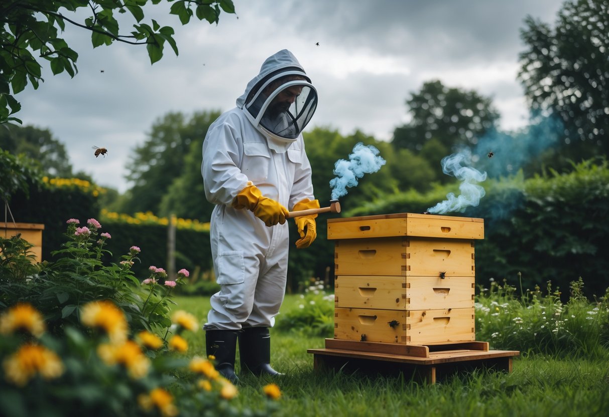 A beekeeper in protective gear standing near a beehive with smoke coming from a smoker, surrounded by flowering plants under a cloudy sky.