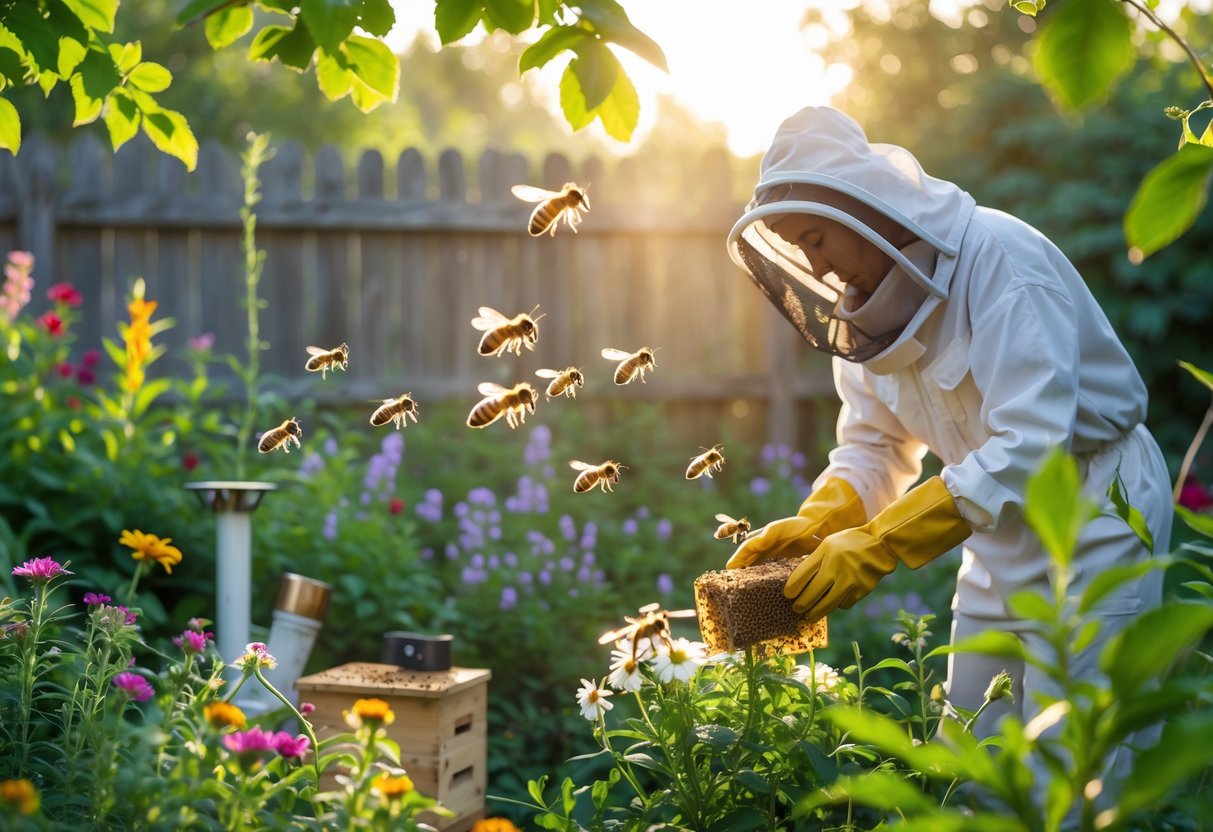 Person wearing gloves inspecting honeybees on flowers in a lush garden with a beekeeping smoker and hive box nearby.
