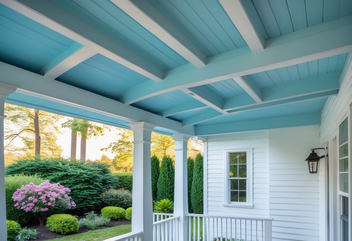 Underside of a porch roof painted blue with wooden beams and a garden in the background.