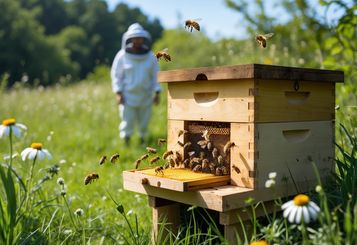 A person in protective gear stands at a safe distance from a wooden beehive with bees flying around its entrance in a grassy outdoor setting.