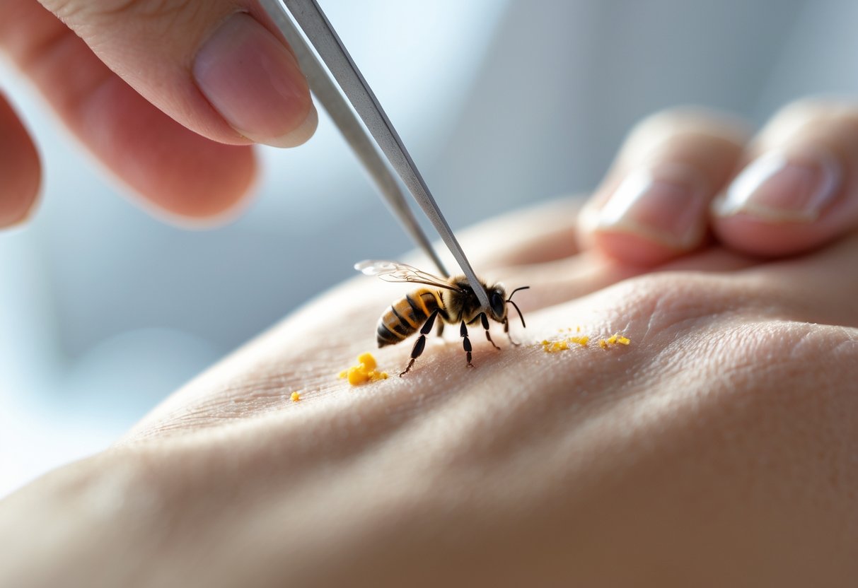 Close-up of a hand with a bee sting being carefully removed using tweezers.