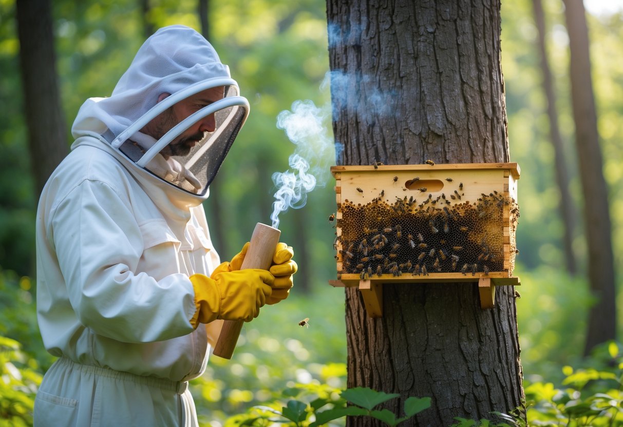 A beekeeper in protective clothing inspecting a beehive on a tree in a forest.