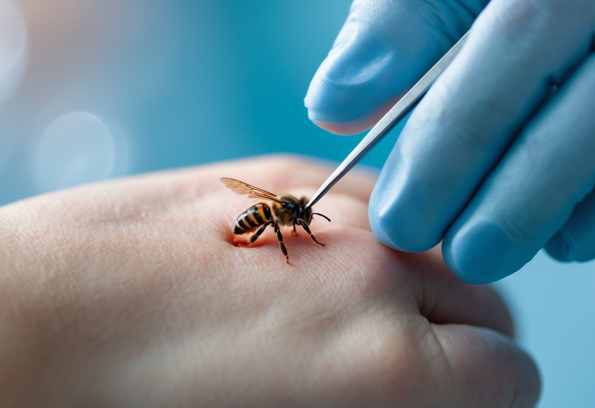 Close-up of a hand with a bee sting being carefully removed using tweezers by gloved hands.