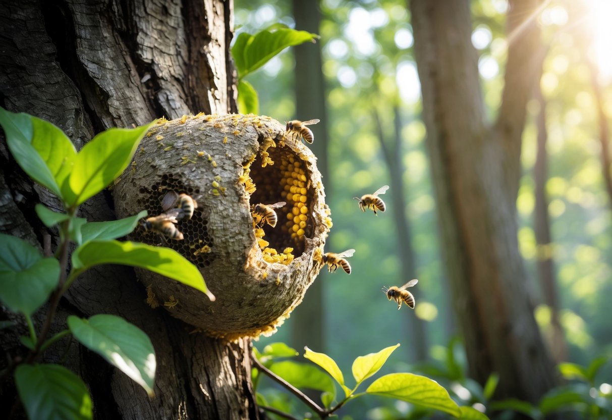 Close-up of a bees' nest on a tree trunk with bees flying around in a sunlit forest.