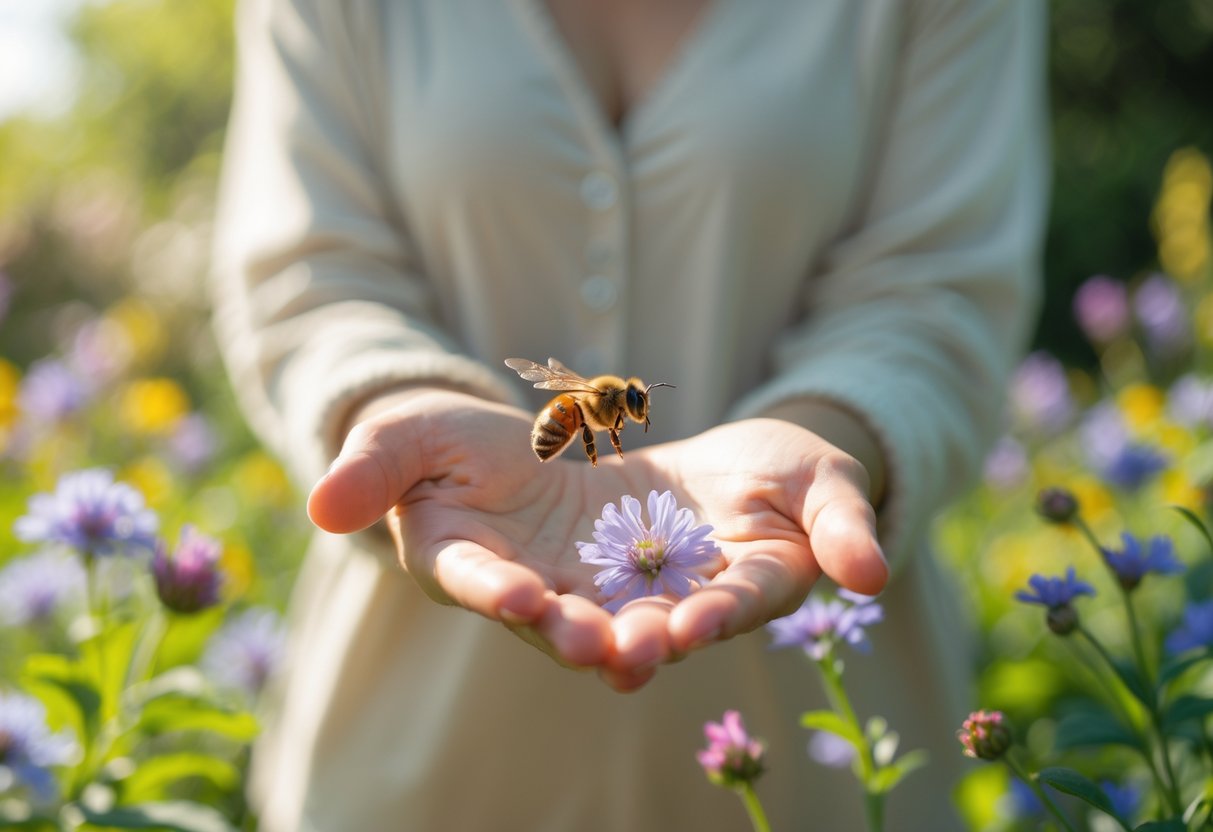 A person standing still in a garden with a honeybee hovering near their hand among flowers.