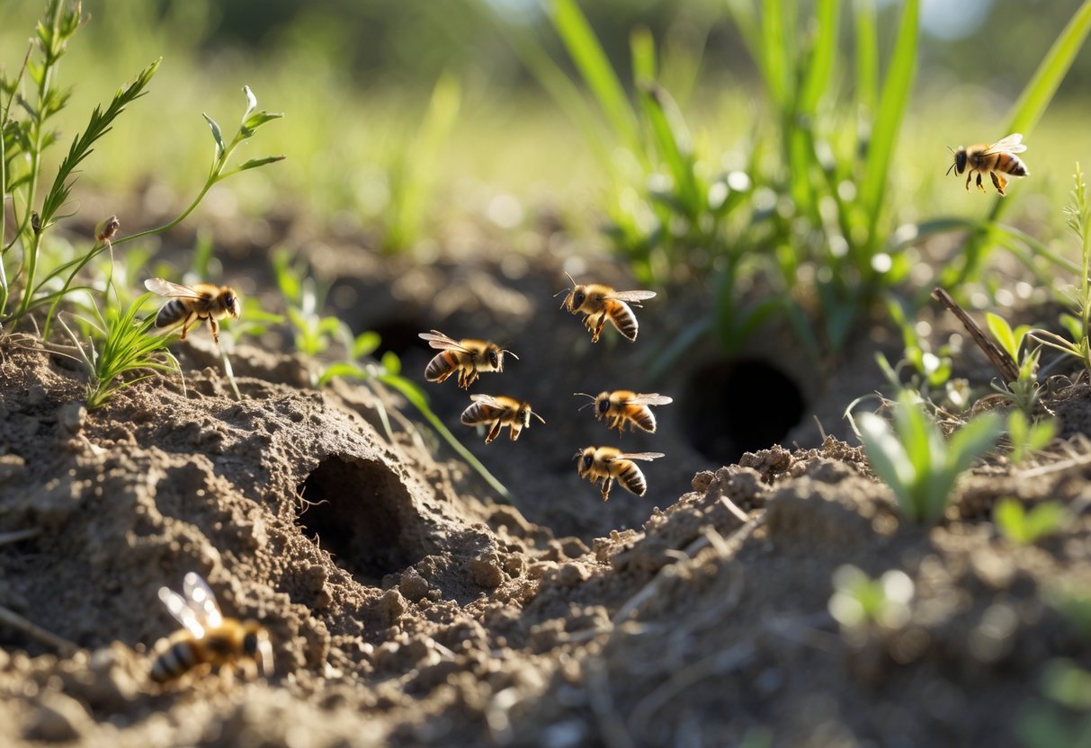 Close-up of ground bees flying near holes in the soil surrounded by grass and plants outdoors.