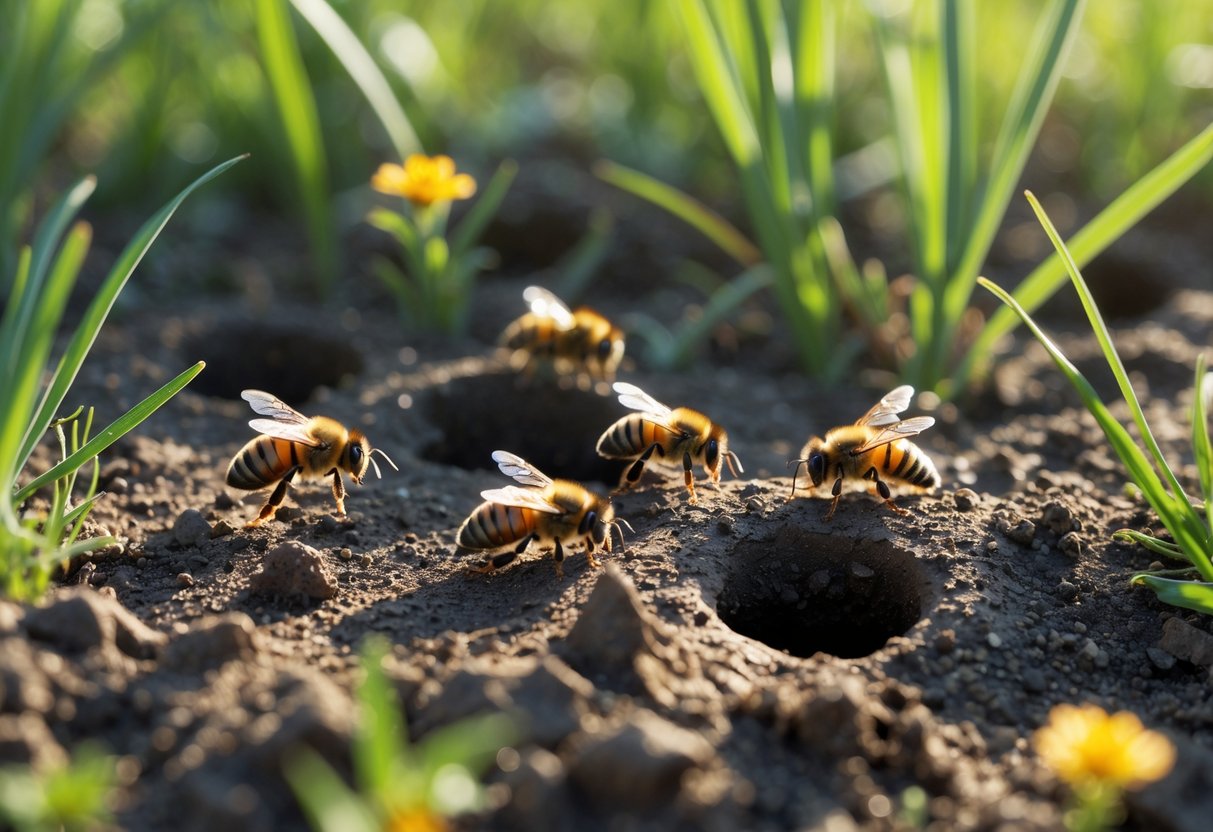 Close-up of ground bees entering and exiting small holes in soil surrounded by grass and wildflowers.
