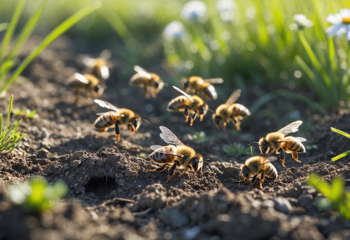 Close-up of ground bees flying and crawling around their burrows in soil with grass and small flowers nearby.