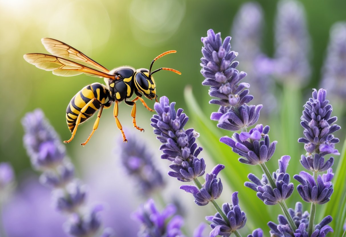 A wasp flying near lavender flowers in a garden, appearing to avoid them.