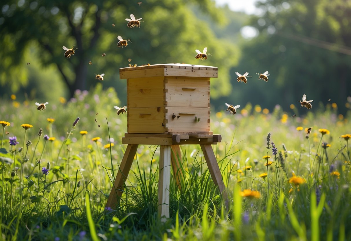 A wooden beehive in a green garden with bees flying around it.