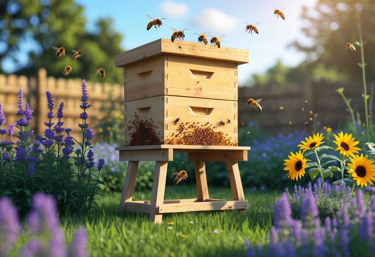 A wooden beehive in a garden surrounded by flowering plants with bees flying around.