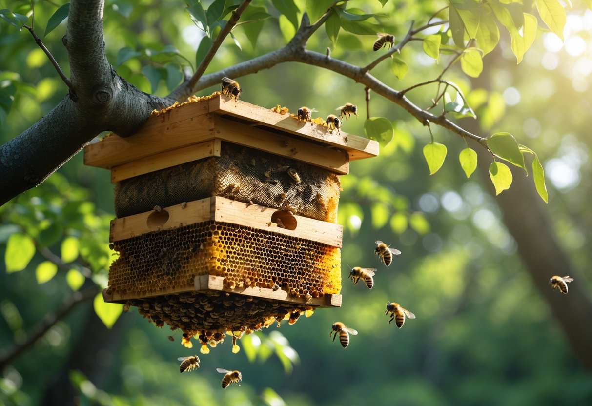 A close-up of a bee hive attached to a tree branch with bees flying around in a green forest.