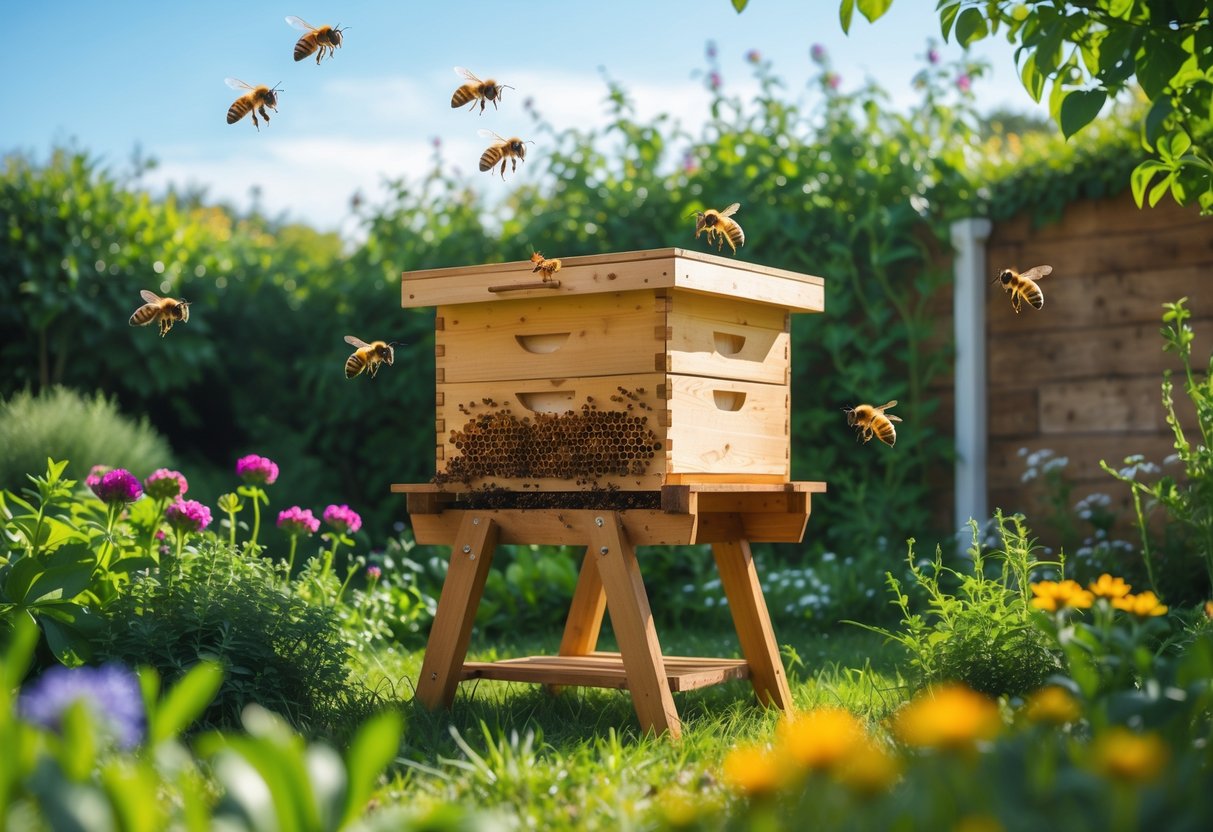 A wooden beehive in a green garden with bees flying around and colorful flowers nearby under a clear sky.