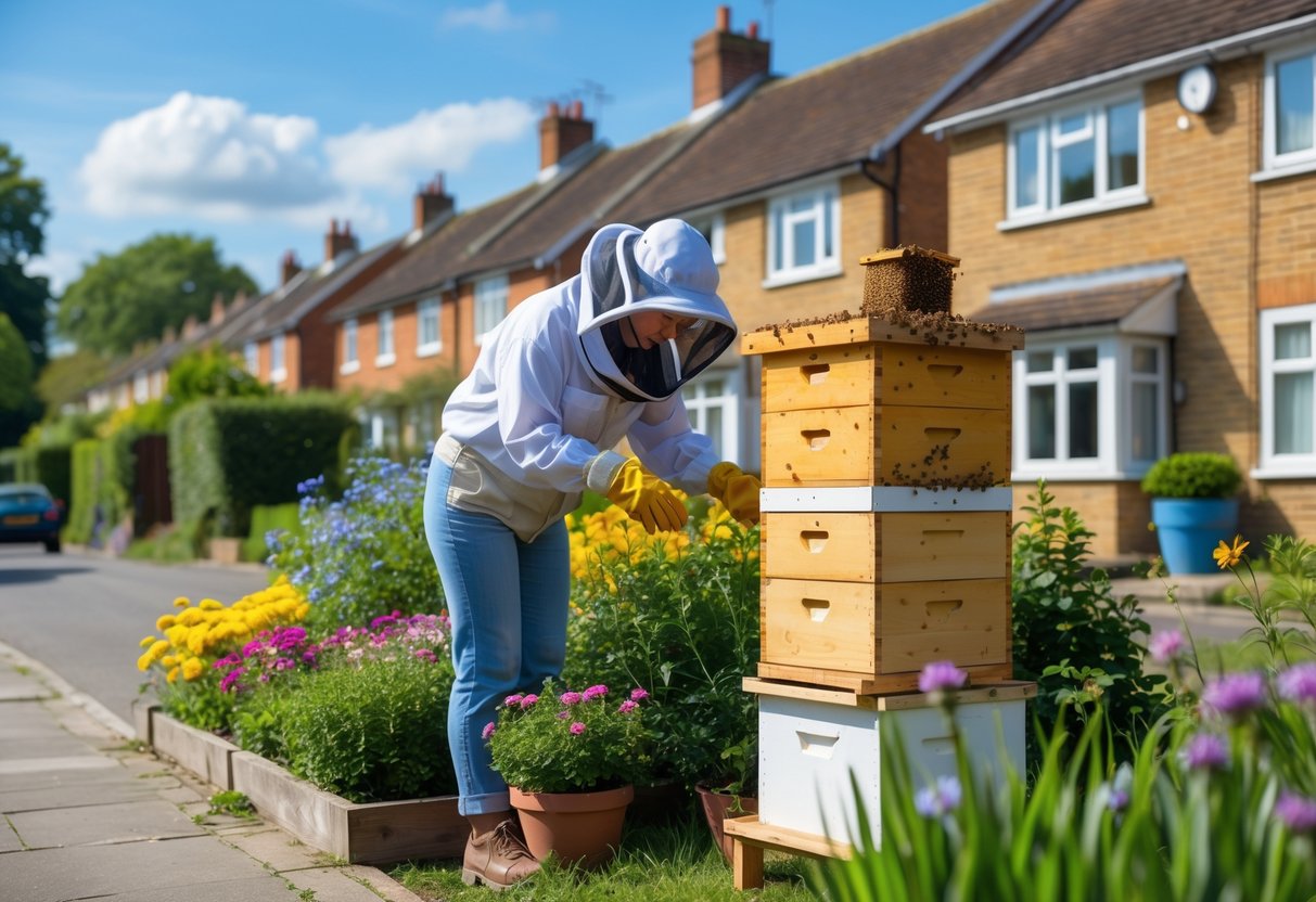 A person in protective beekeeping gear tending a wooden beehive in a garden of a UK residential street with houses and flowers nearby.
