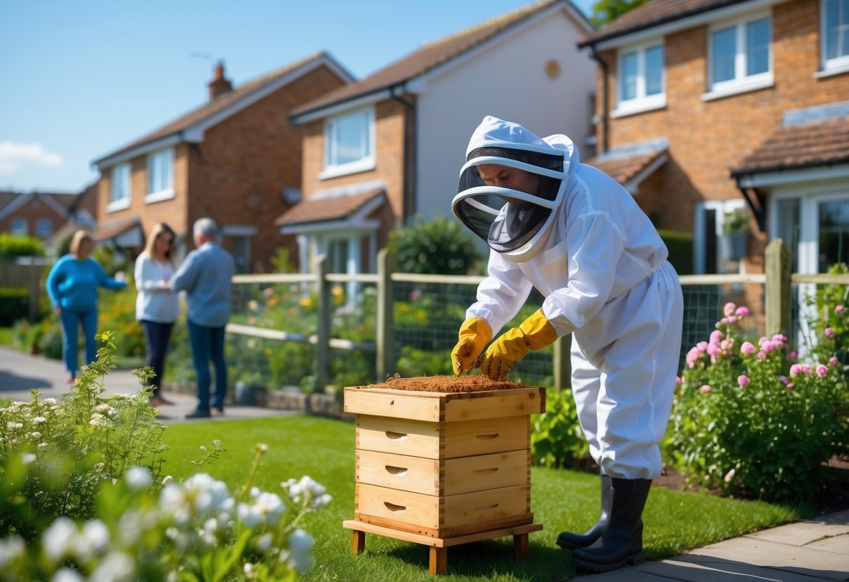 A person in protective gear tending a beehive in a suburban garden with neighbors talking nearby and houses in the background.