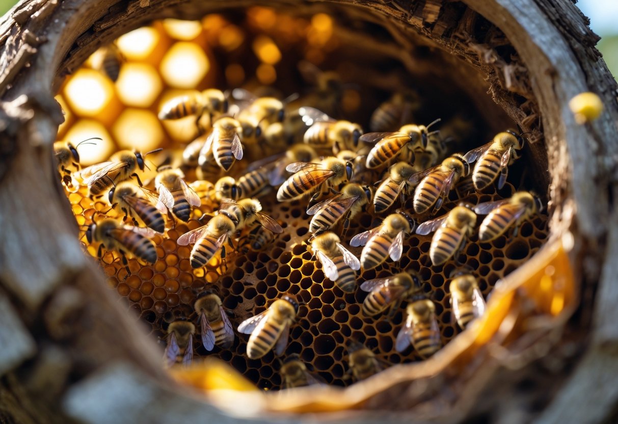 Close-up view of a beehive inside a tree with honeybees clustered on honeycomb.