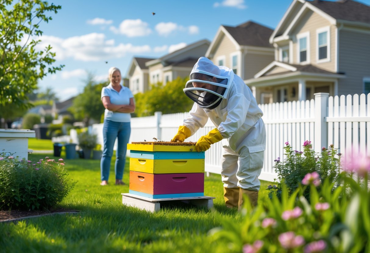 A beekeeper in protective clothing tending to a beehive in a backyard while a neighbor watches nearby by a fence.