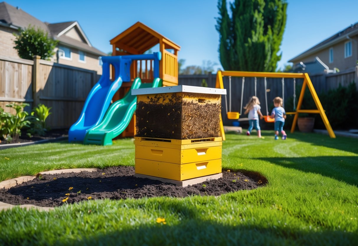 A suburban backyard with a beehive placed near a children's play area including a slide and swings, with children playing nearby.