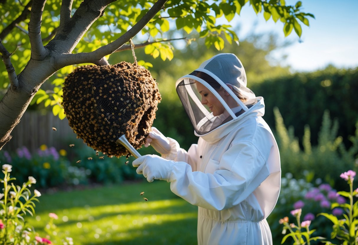 A person in protective beekeeping gear inspecting a bees' nest hanging from a tree branch in a garden.