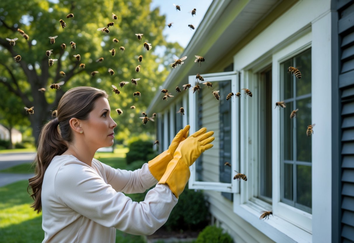 A homeowner cautiously closing a window as a swarm of bees flies around the front porch of a suburban house during the day.