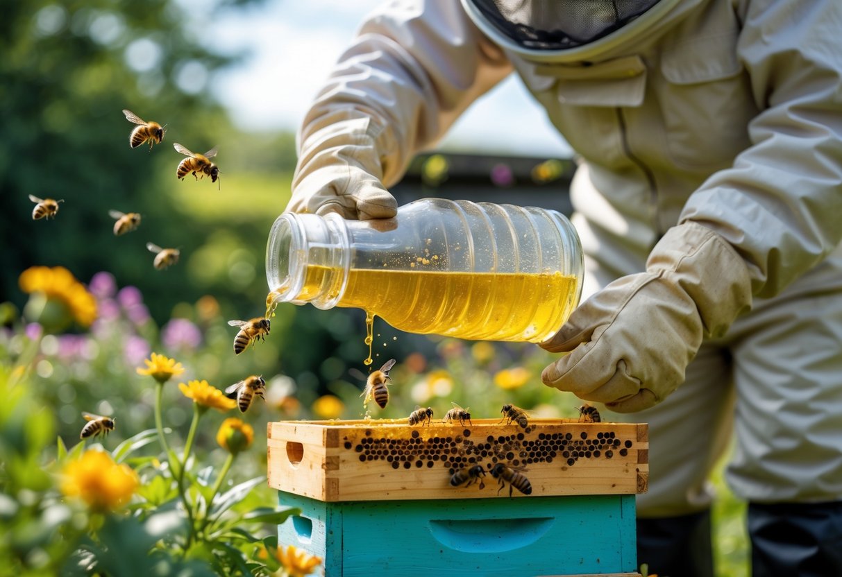 A beekeeper pouring sugar water into a feeder near a beehive with bees flying around.