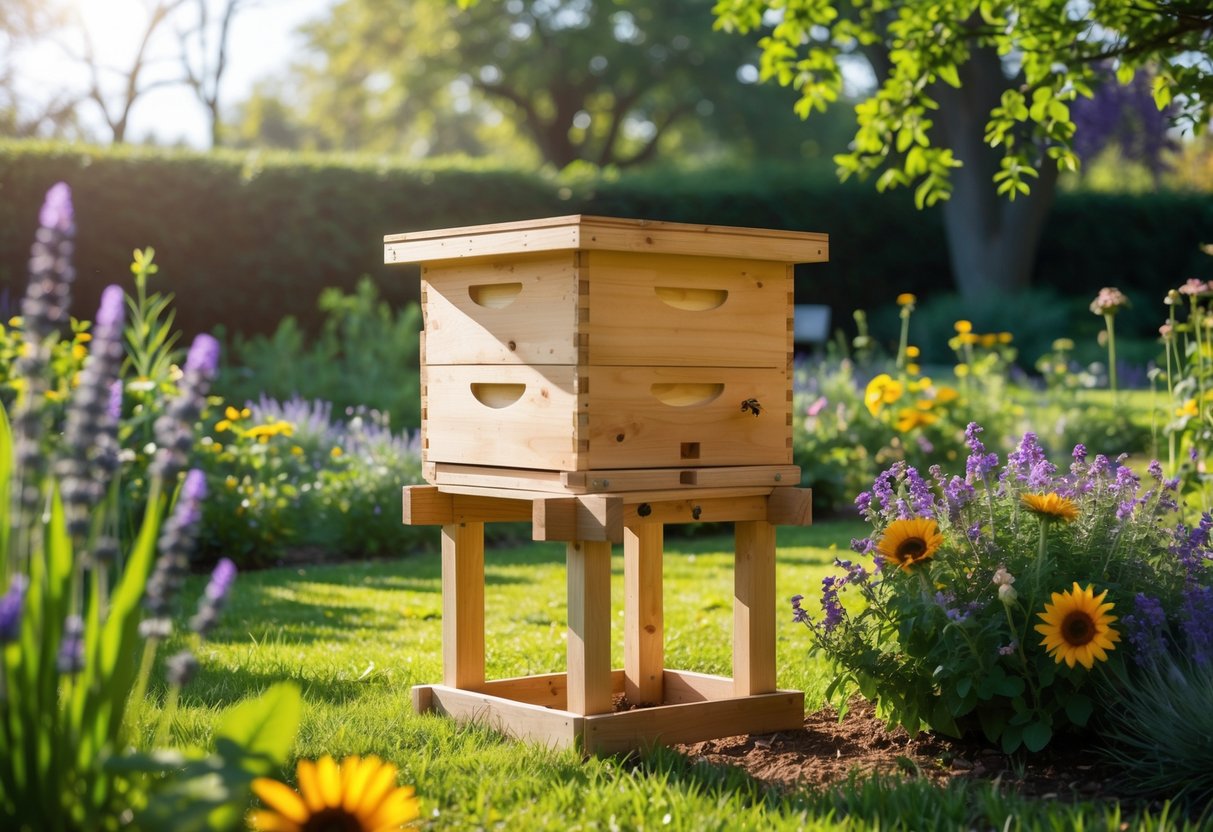 A wooden bee hive in a sunny garden surrounded by flowering plants, grass, and trees.