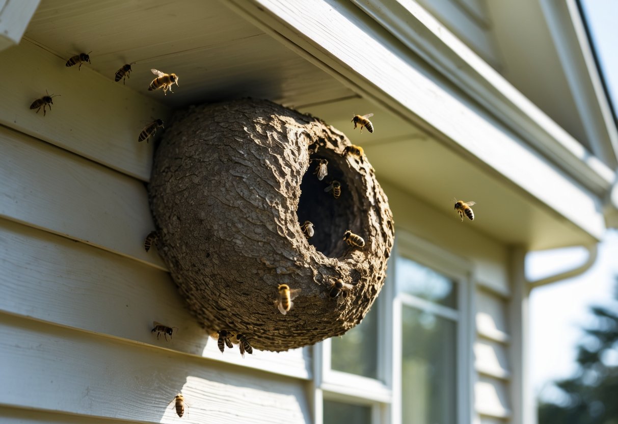 Close-up of a bees' nest attached under the eaves of a suburban house with bees flying around it.
