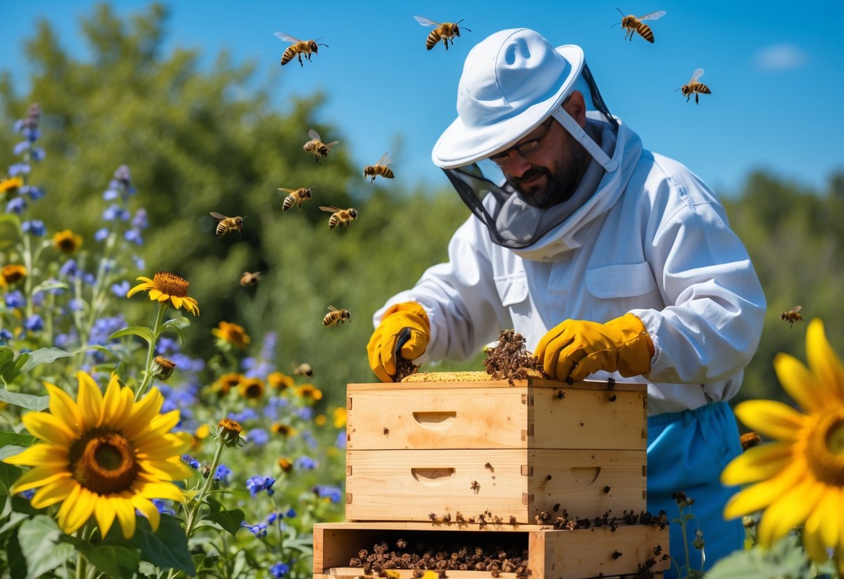 A beekeeper tending a wooden beehive surrounded by blooming flowers with bees flying around.